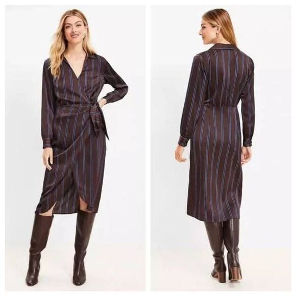 LOFT Satin Midi Wrap Dress Women's Medium Brown Blue Striped V-Neck Cocktail - Picture 1 of 7